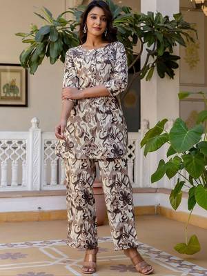 Printed Biege Cotton Blend Co Ords for Women 6