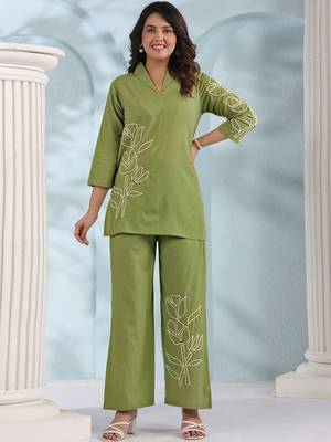 Embroidered Pista Green Cotton Co Ords For Women 1