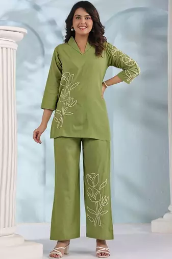 Embroidered Pista Green Cotton Co Ords For Women