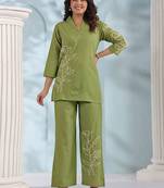 Embroidered Pista Green Cotton Co Ords For Women