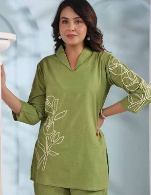 Embroidered Pista Green Cotton Co Ords For Women 2