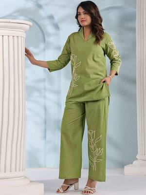 Embroidered Pista Green Cotton Co Ords For Women 3