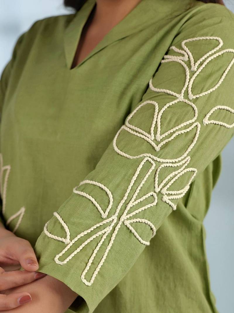 Embroidered Pista Green Cotton Co Ords For Women