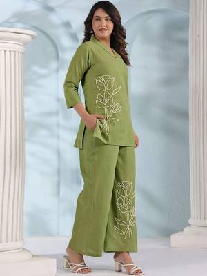 Embroidered Pista Green Cotton Co Ords For Women 6