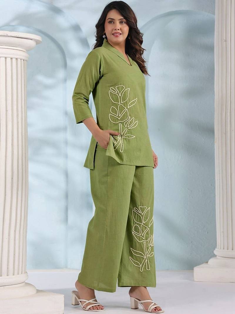 Embroidered Pista Green Cotton Co Ords For Women