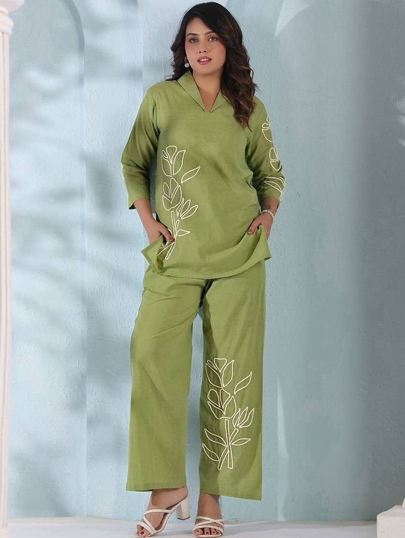 Embroidered Pista Green Cotton Co Ords For Women