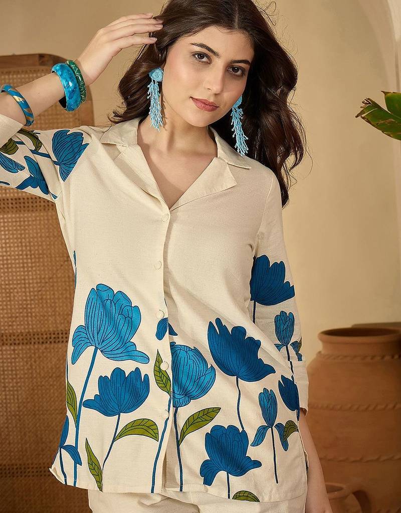 Printed Beige Cotton Blend Co Ords for Women