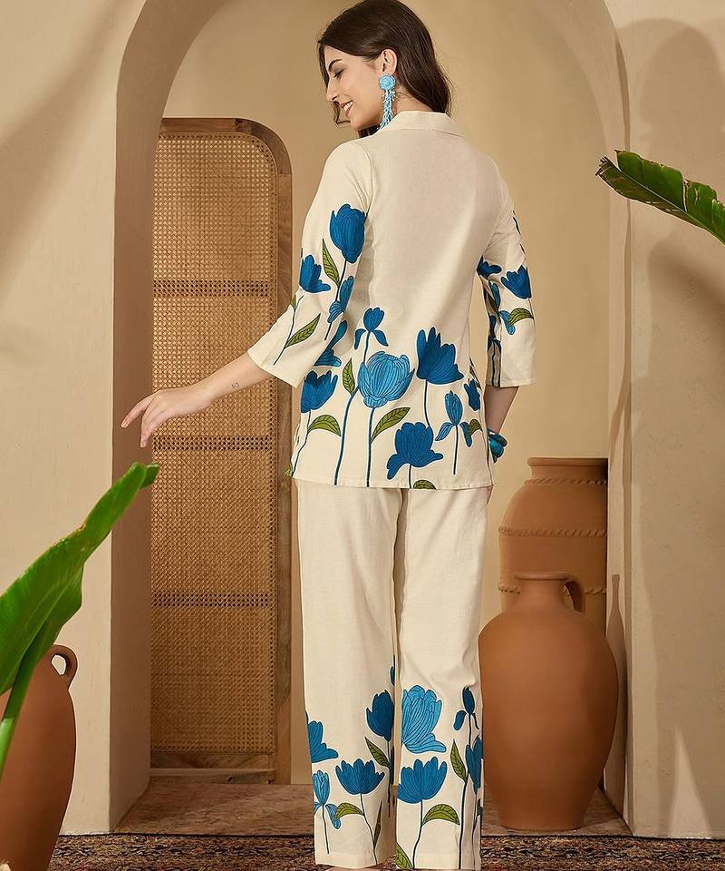 Printed Beige Cotton Blend Co Ords for Women