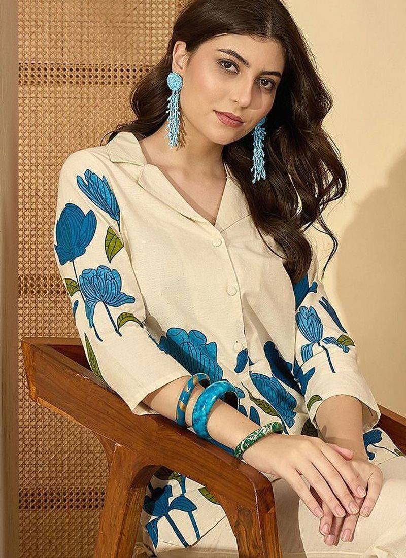 Printed Beige Cotton Blend Co Ords for Women