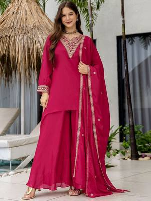 Women Ethnic Motifs Embroidered Thread Work Kurta with Palazzos & Dupatta 1