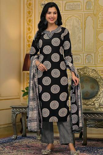 Women Ethnic Motifs Printed Regular Thread Work Kurta with Palazzos & With Dupatta