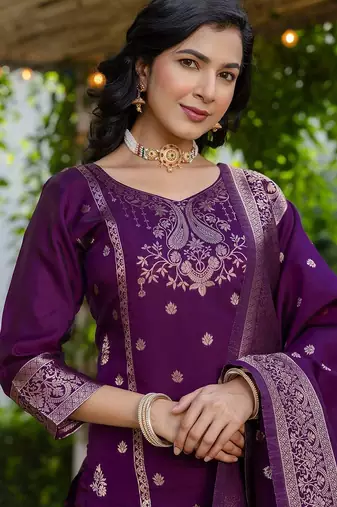 Women Woven Design Kurta with Trousers & Dupatta