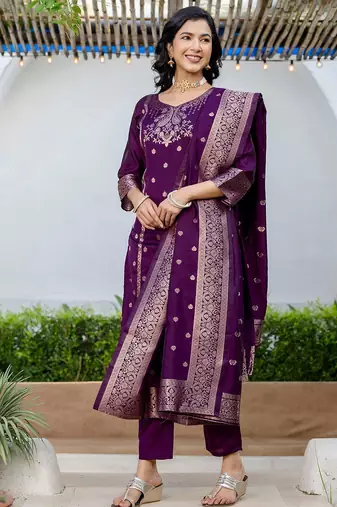 Women Woven Design Kurta with Trousers & Dupatta