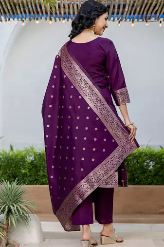 Women Woven Design Kurta with Trousers & Dupatta