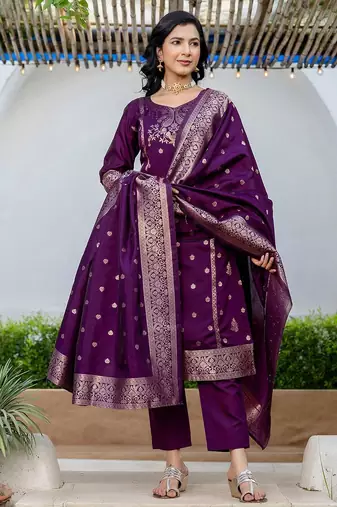 Women Woven Design Kurta with Trousers & Dupatta