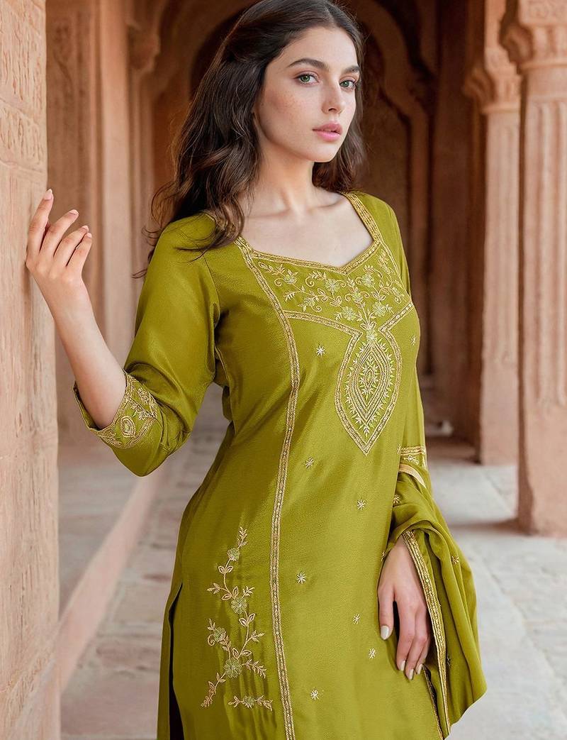 Women Floral Embroidered Regular Thread Work Kurta with Sharara & Dupatta