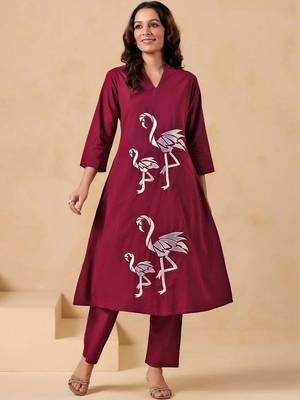 Embroidered Dusty Wine Cotton Co Ords for Women 1