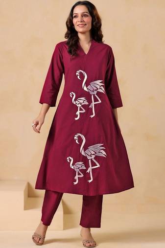 Embroidered Dusty Wine Cotton Co Ords for Women