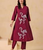 Embroidered Dusty Wine Cotton Co Ords for Women
