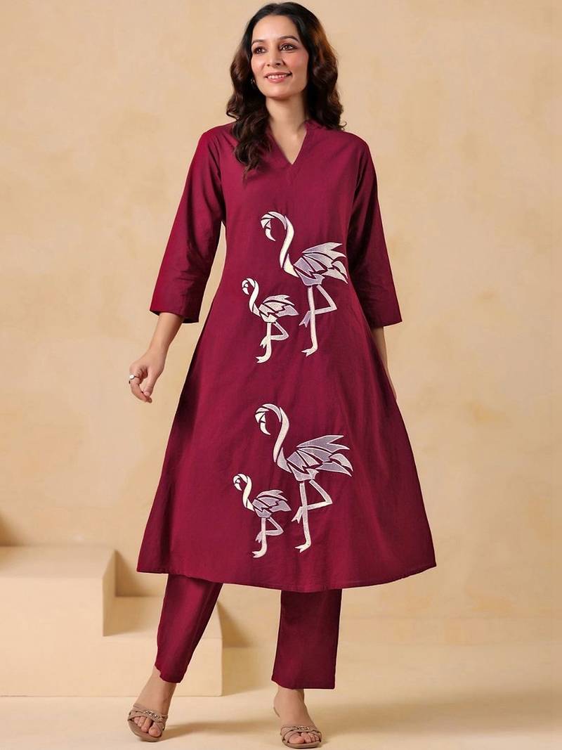 Embroidered Dusty Wine Cotton Co Ords for Women