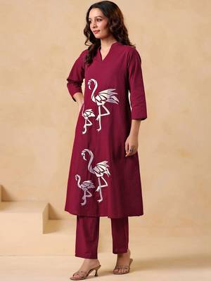 Embroidered Dusty Wine Cotton Co Ords for Women 6