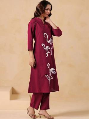 Embroidered Dusty Wine Cotton Co Ords for Women 7
