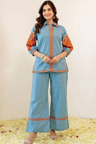 Embroidered Mint Blue Viscose Rayon Co Ords for Women