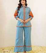 Embroidered Mint Blue Viscose Rayon Co Ords for Women