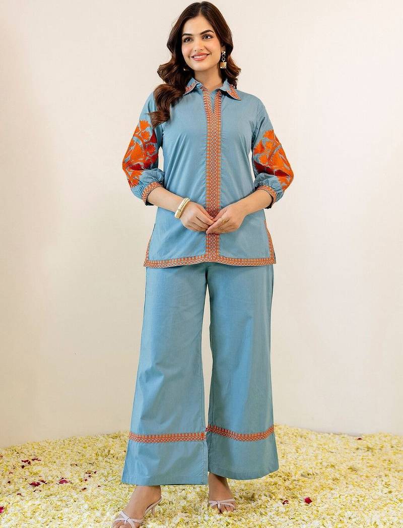 Embroidered Mint Blue Viscose Rayon Co Ords for Women