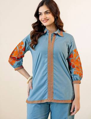 Embroidered Mint Blue Viscose Rayon Co Ords for Women 2