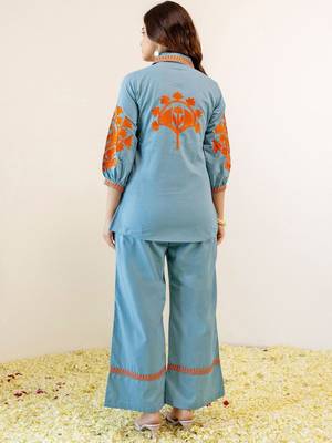 Embroidered Mint Blue Viscose Rayon Co Ords for Women 3