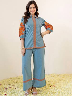 Embroidered Mint Blue Viscose Rayon Co Ords for Women 4
