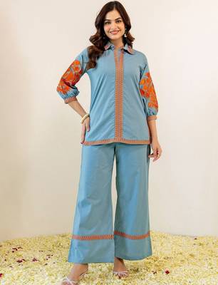 Embroidered Mint Blue Viscose Rayon Co Ords for Women 5