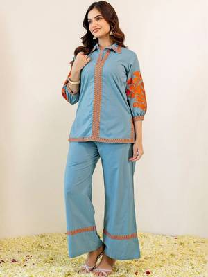 Embroidered Mint Blue Viscose Rayon Co Ords for Women 6