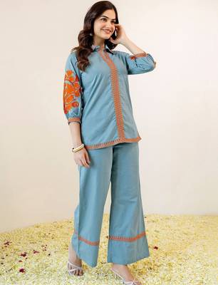 Embroidered Mint Blue Viscose Rayon Co Ords for Women 7