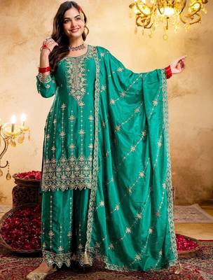 Women Ethnic Motifs Embroidered Regular Thread Work Kurta with Sharara & With Dupatta 1