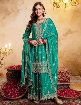 Women Ethnic Motifs Embroidered Regular Thread Work Kurta with Sharara & With Dupatta 5