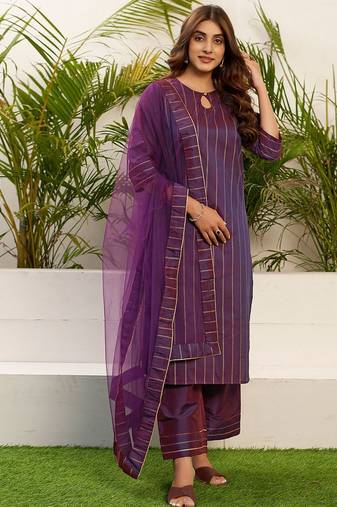 Women Striped Kurta with Palazzo & Dupatta