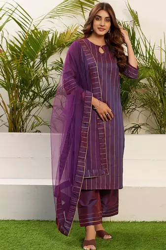 Women Striped Kurta with Palazzo & Dupatta
