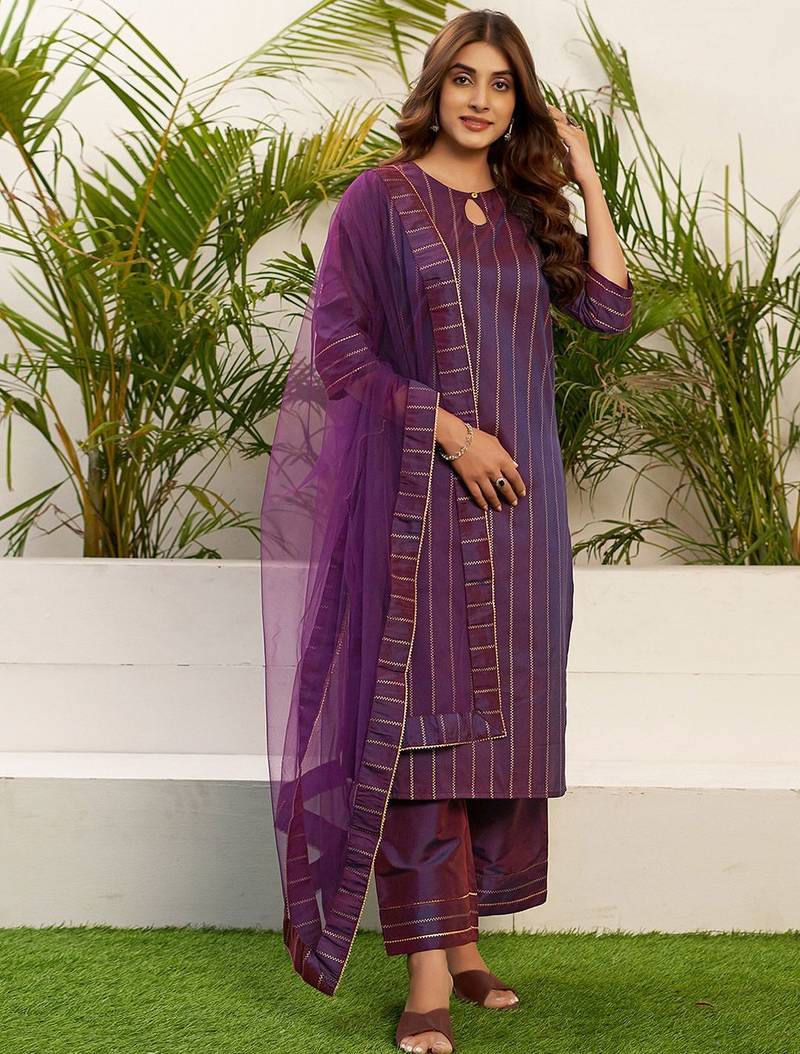 Women Striped Kurta with Palazzo & Dupatta