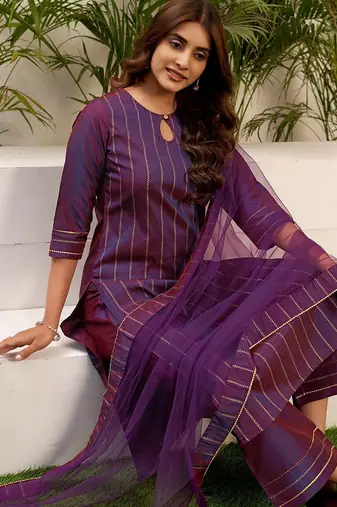 Women Striped Kurta with Palazzo & Dupatta