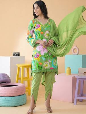 Women Floral Printed Regular Thread Work Silk Crepe Kurta with Trousers & With Dupatta 7