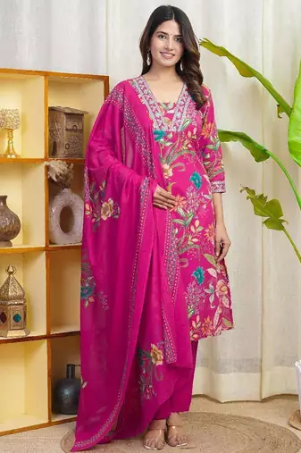Women Floral Printed Sequinned Regular Straight Kurta with Trousers & Dupatta