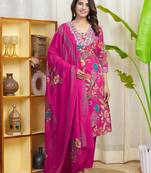 Women Floral Printed Sequinned Regular Straight Kurta with Trousers & Dupatta