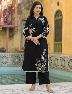 Embroidered Black Cotton Blend Co Ords for Women 2