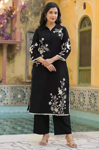 Embroidered Black Cotton Blend Co Ords for Women