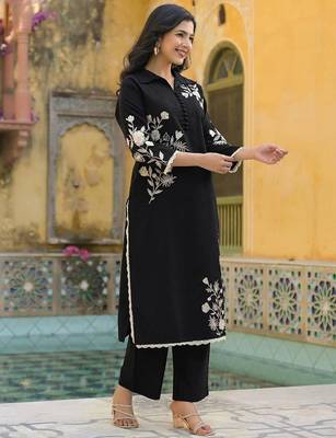 Embroidered Black Cotton Blend Co Ords for Women 1