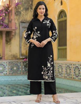 Embroidered Black Cotton Blend Co Ords for Women 5