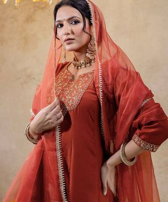 Ethnic Motifs Embroidered Anarkali Sequinned Kurta With Trousers & Dupatta 2
