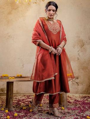 Ethnic Motifs Embroidered Anarkali Sequinned Kurta With Trousers & Dupatta 1